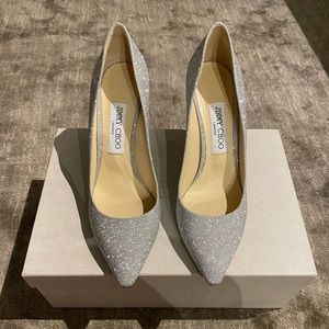 Jimmy Choo Romy 85. Silver sparkles. Size 8.5.